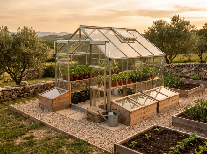 Serre de jardin en aluminium et verre avec plants de tomates, châssis en bois et carrés potagers